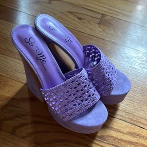 dolls kill platform lilac crochet velvet heels